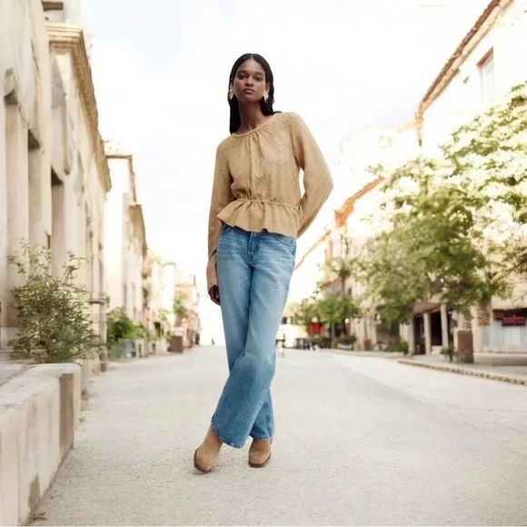 NEW H&M Pointelle-Knit Peplum Top Beige Size Medium - Picture 9 of 11